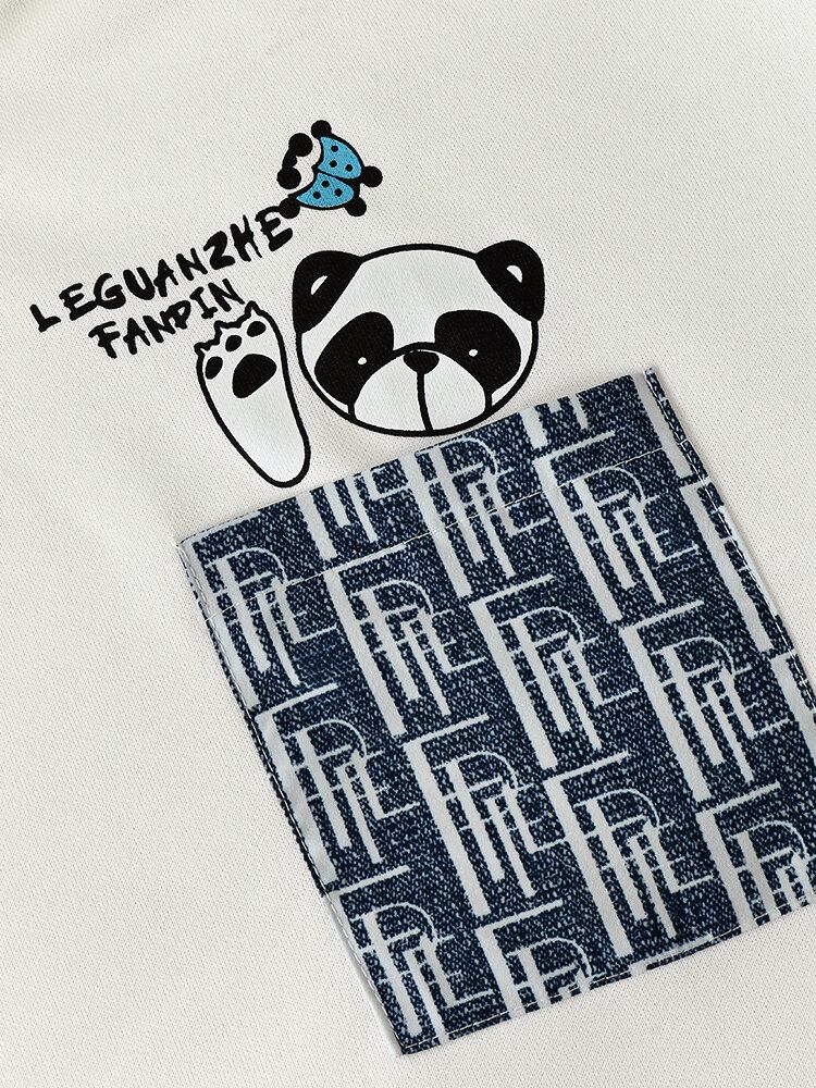 Mænd Patchwork Faked Two Panda Letter Pocket Preppy Hættetrøje