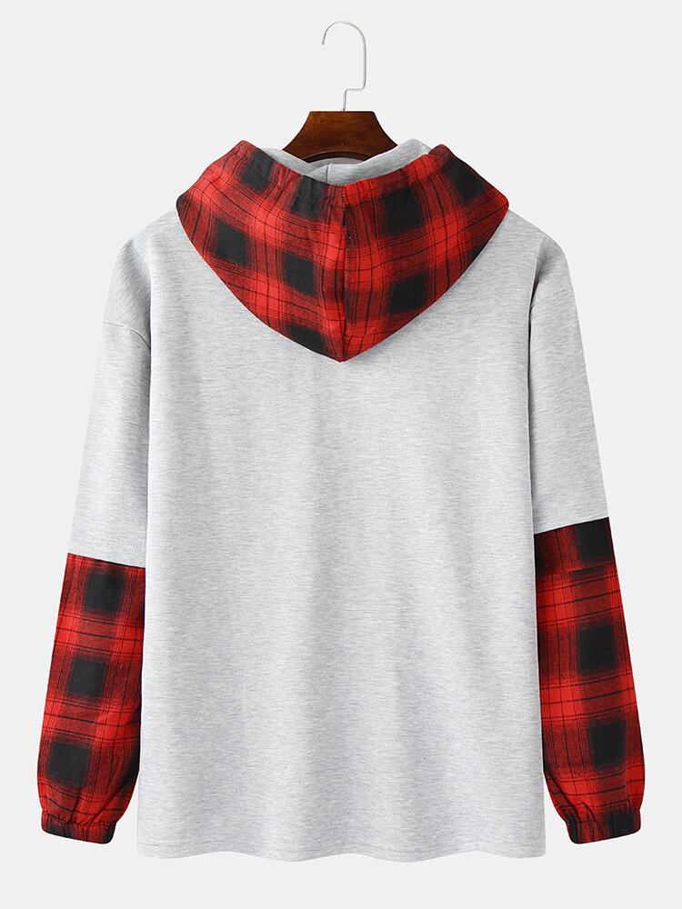 Mænd Plaid Patchwork Faux Twinset Drop Skulder Hættetrøjer Med Lomme