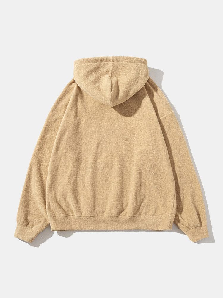 Mænd Polar Fleece Snøre Kængurulomme Solid Sweatshirt Med Hætte