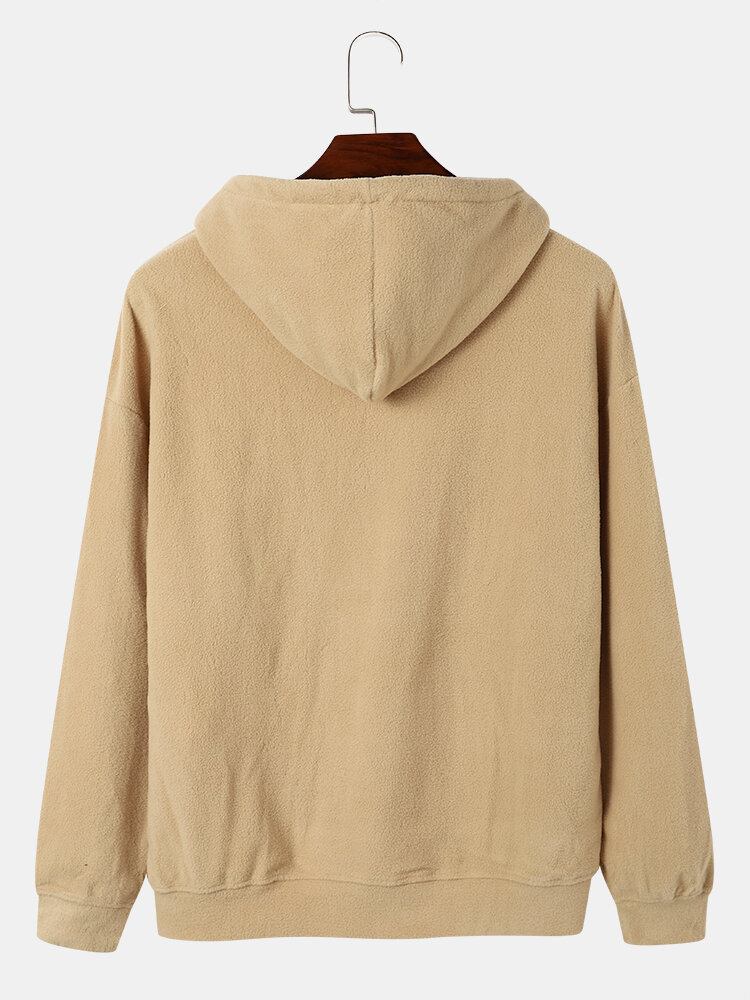 Mænd Polar Fleece Snøre Kængurulomme Solid Sweatshirt Med Hætte