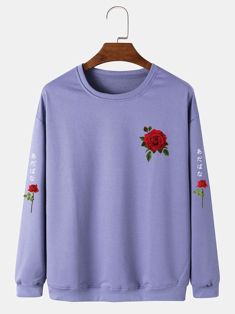 Mænd Rose Japansk Bogstav Bodycon Hem Fritid Pullover Sweatshirt