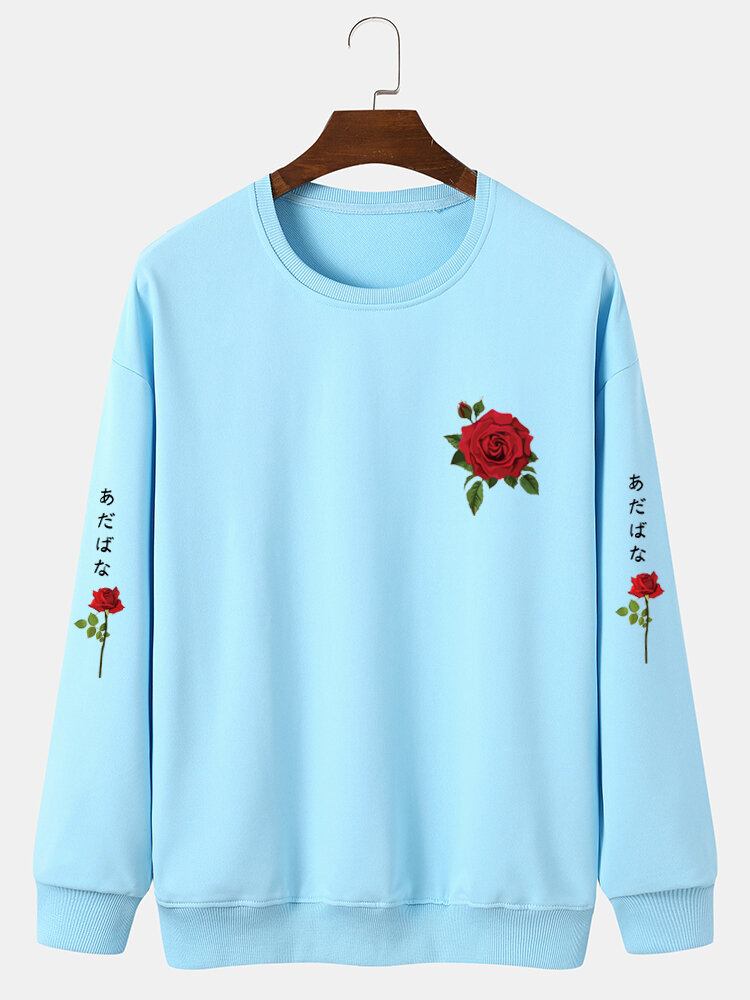 Mænd Rose Japansk Bogstav Bodycon Hem Fritid Pullover Sweatshirt