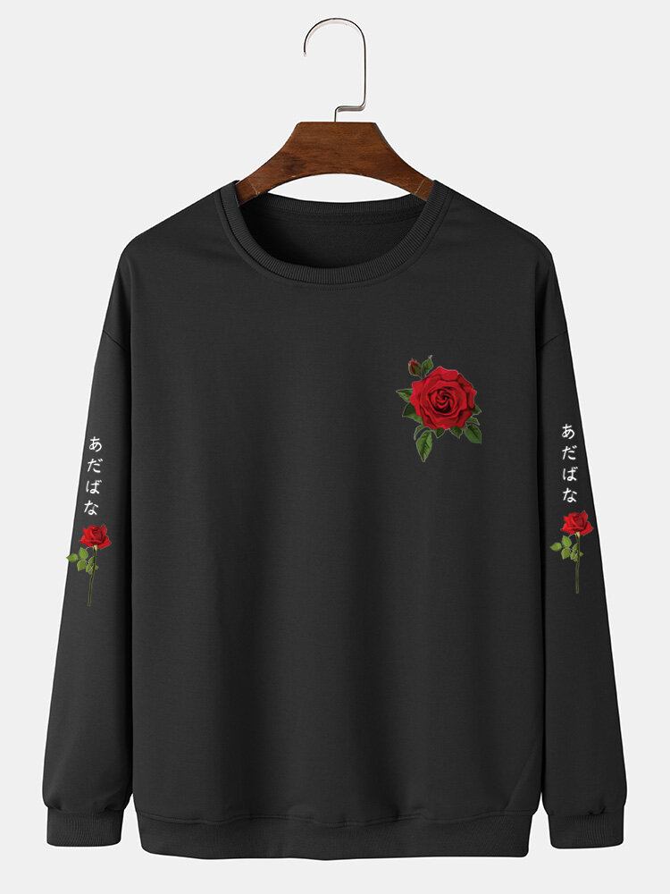 Mænd Rose Japansk Bogstav Bodycon Hem Fritid Pullover Sweatshirt