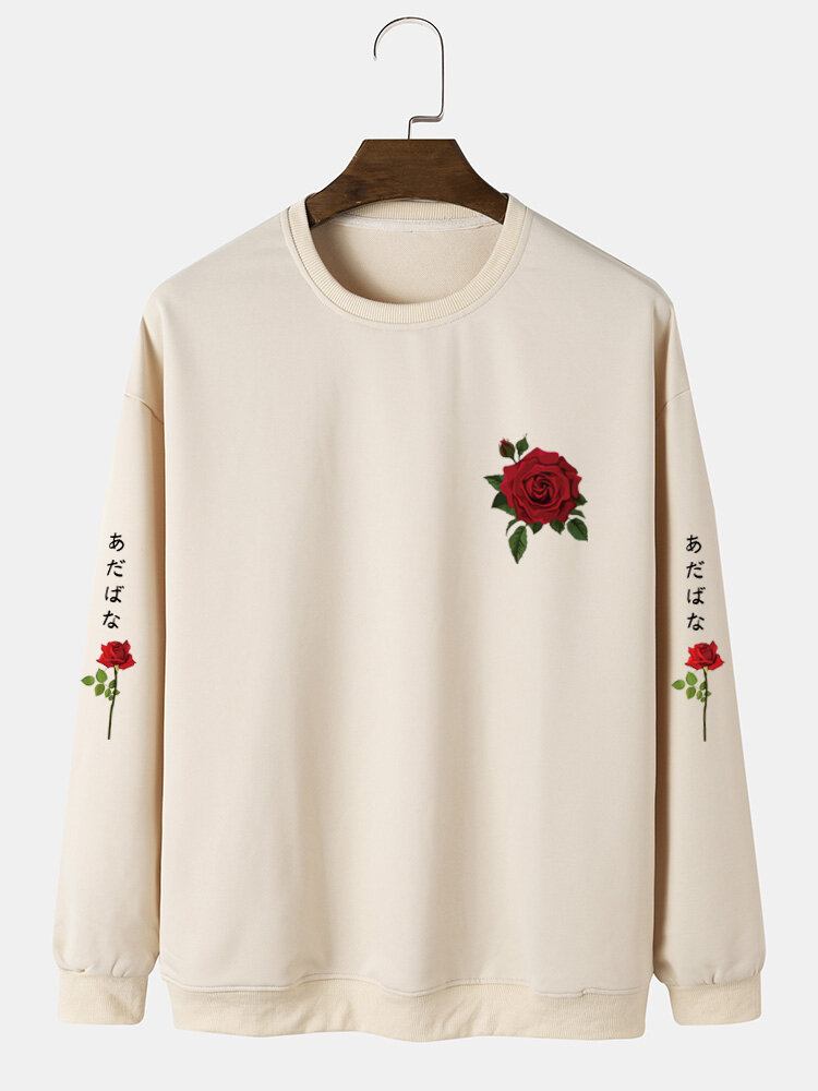 Mænd Rose Japansk Bogstav Bodycon Hem Fritid Pullover Sweatshirt