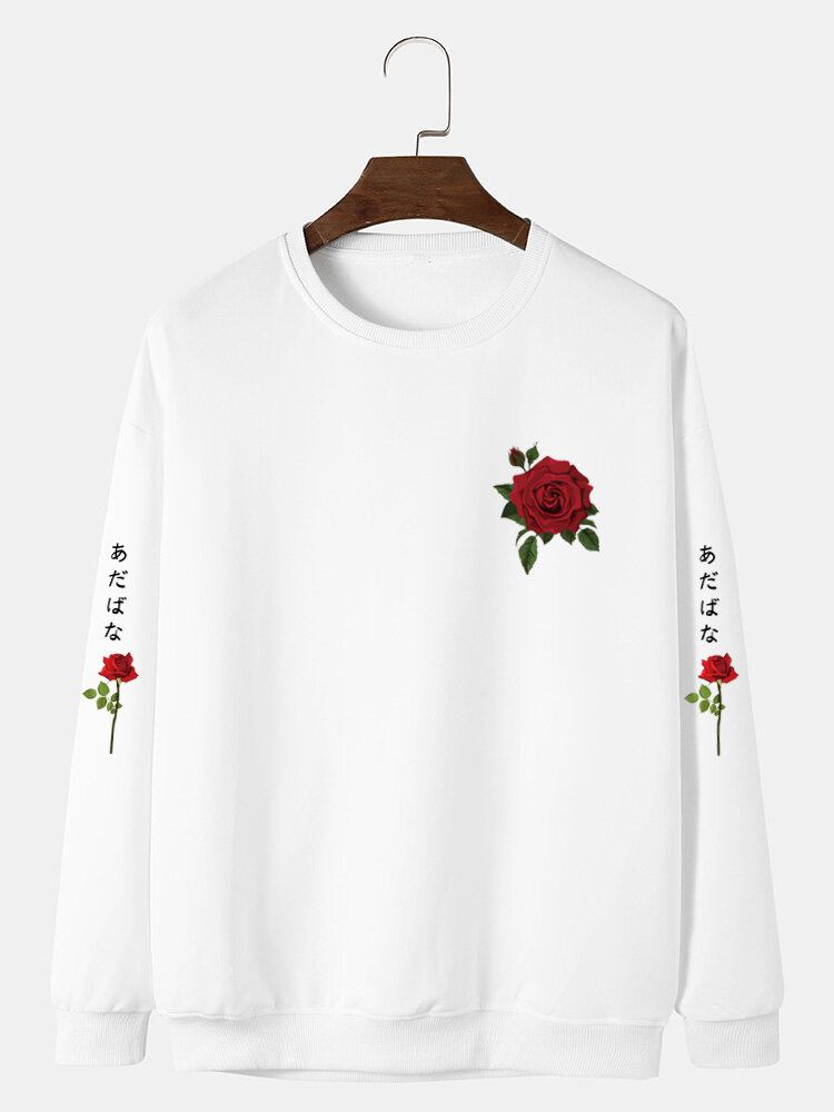 Mænd Rose Japansk Bogstav Bodycon Hem Fritid Pullover Sweatshirt