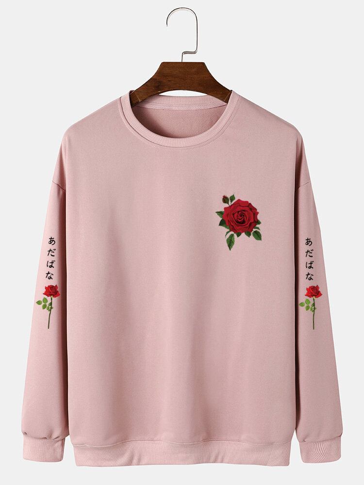 Mænd Rose Japansk Bogstav Bodycon Hem Fritid Pullover Sweatshirt