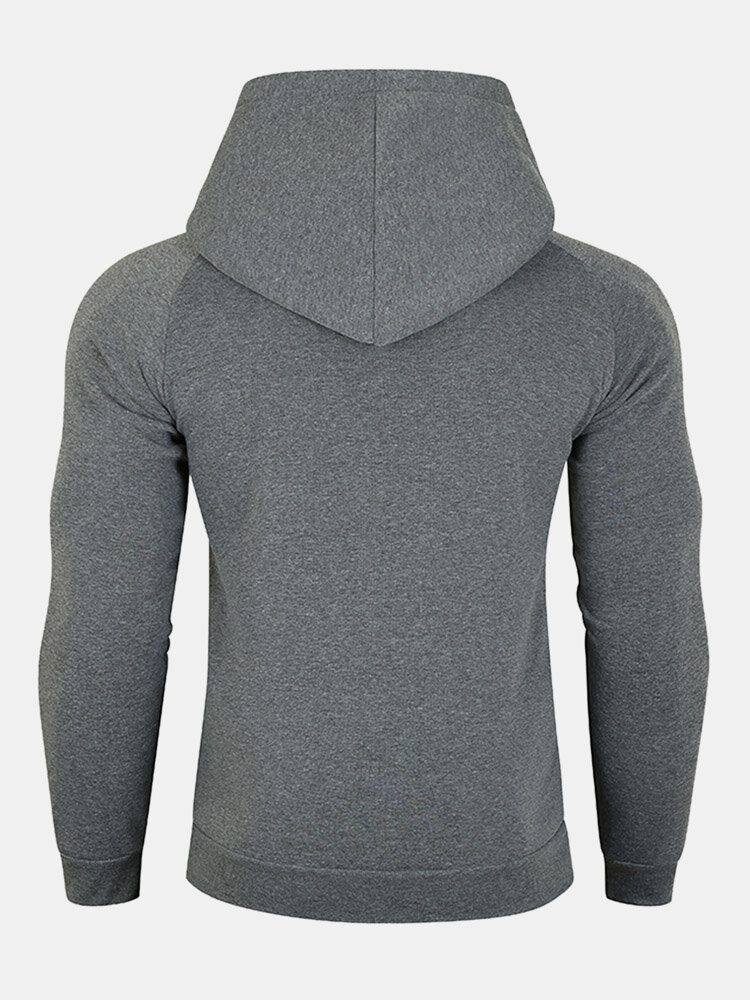 Mænd Solid Lynlås Raglan Sleeve Design Sport Hættetrøje