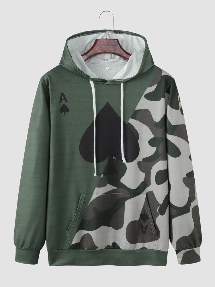 Mænd Spade Camo Print Patchwork Snøre Kangaroo Pocket Hættetrøjer