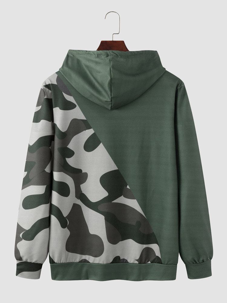 Mænd Spade Camo Print Patchwork Snøre Kangaroo Pocket Hættetrøjer