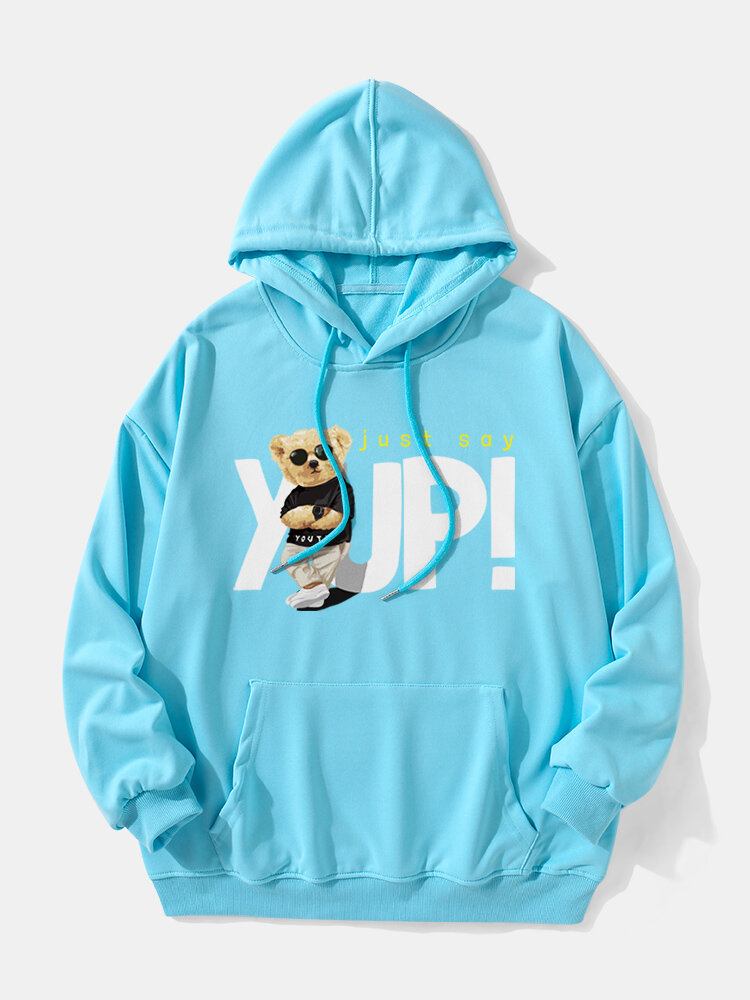 Mænd Teddy Bear Letter Print Kænguru Pocket Drop Skulder Sweatshirt Med Hætte