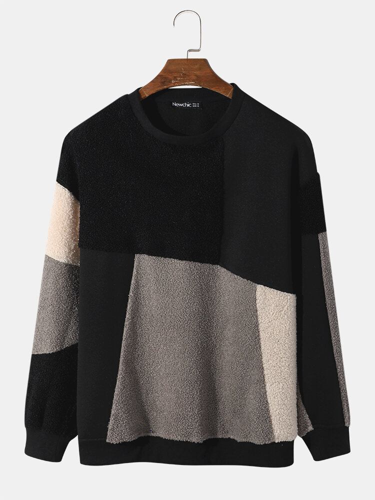 Mænd Teddy Color Block Patchwork Sweatshirts Med Rund Hals