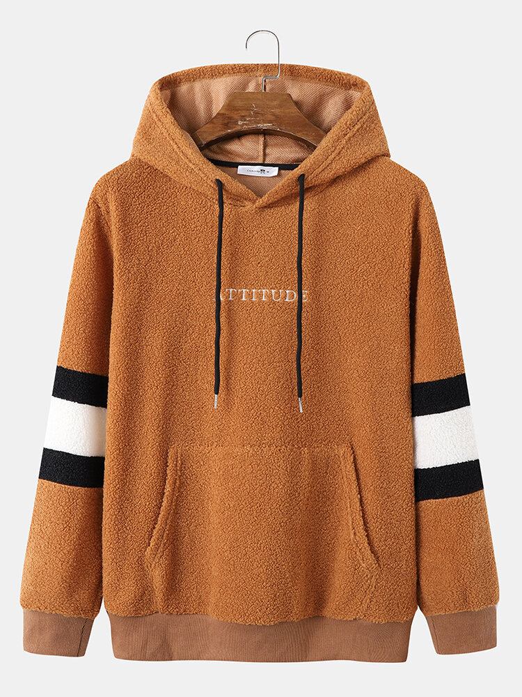 Mænd Teddy Fleece Strip Ærme Brev Kænguru Lomme Snøre Hætte Sweatshirt