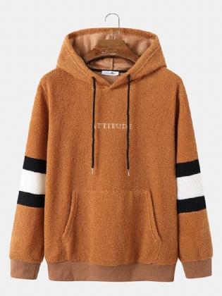 Mænd Teddy Fleece Strip Ærme Brev Kænguru Lomme Snøre Hætte Sweatshirt