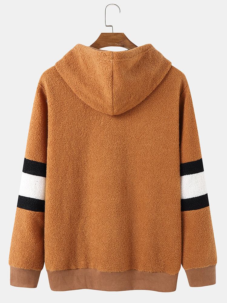 Mænd Teddy Fleece Strip Ærme Brev Kænguru Lomme Snøre Hætte Sweatshirt