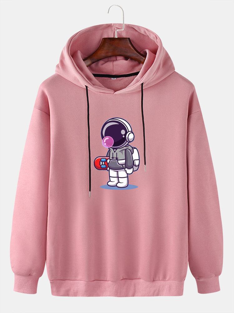 Mænd Tegneserie Astronaut Print Langærmede Drop Skulder Hættetrøjer