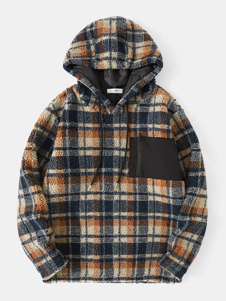 Mænd Vintage Fleece Patch Lomme Kontrast Plaid Snøre Hætte Sweatshirt