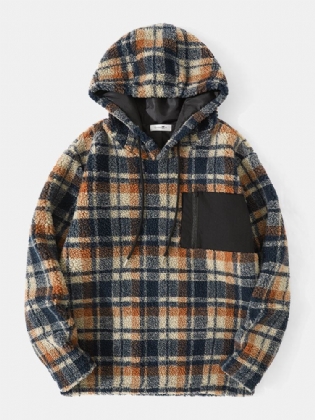 Mænd Vintage Fleece Patch Lomme Kontrast Plaid Snøre Hætte Sweatshirt