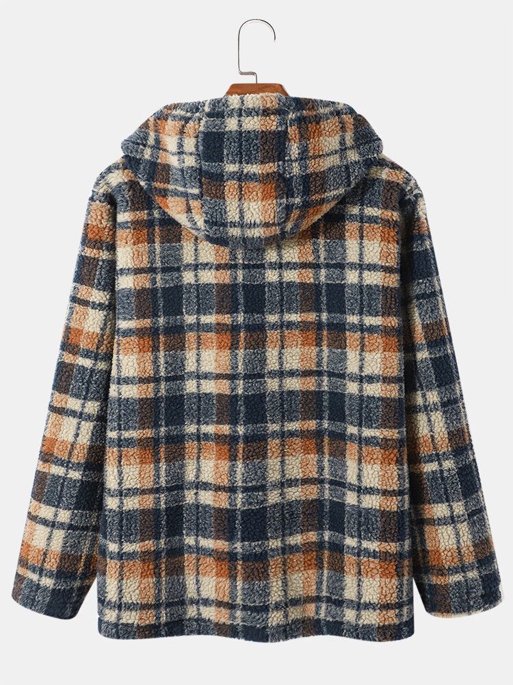 Mænd Vintage Fleece Patch Lomme Kontrast Plaid Snøre Hætte Sweatshirt