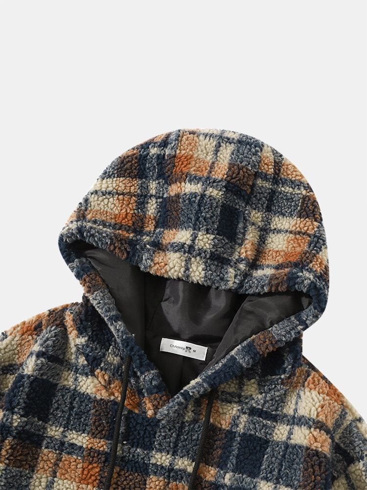 Mænd Vintage Fleece Patch Lomme Kontrast Plaid Snøre Hætte Sweatshirt