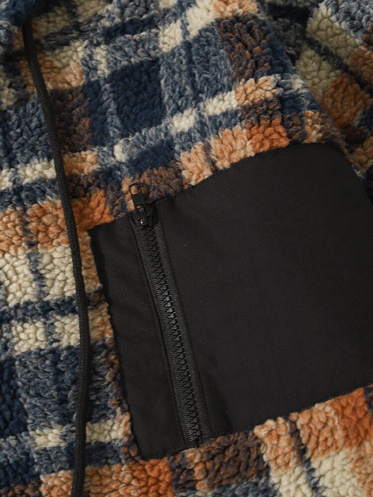 Mænd Vintage Fleece Patch Lomme Kontrast Plaid Snøre Hætte Sweatshirt