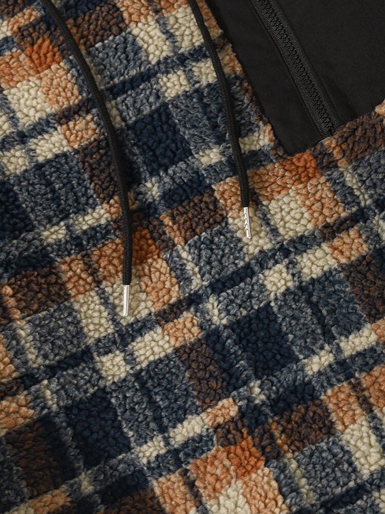 Mænd Vintage Fleece Patch Lomme Kontrast Plaid Snøre Hætte Sweatshirt