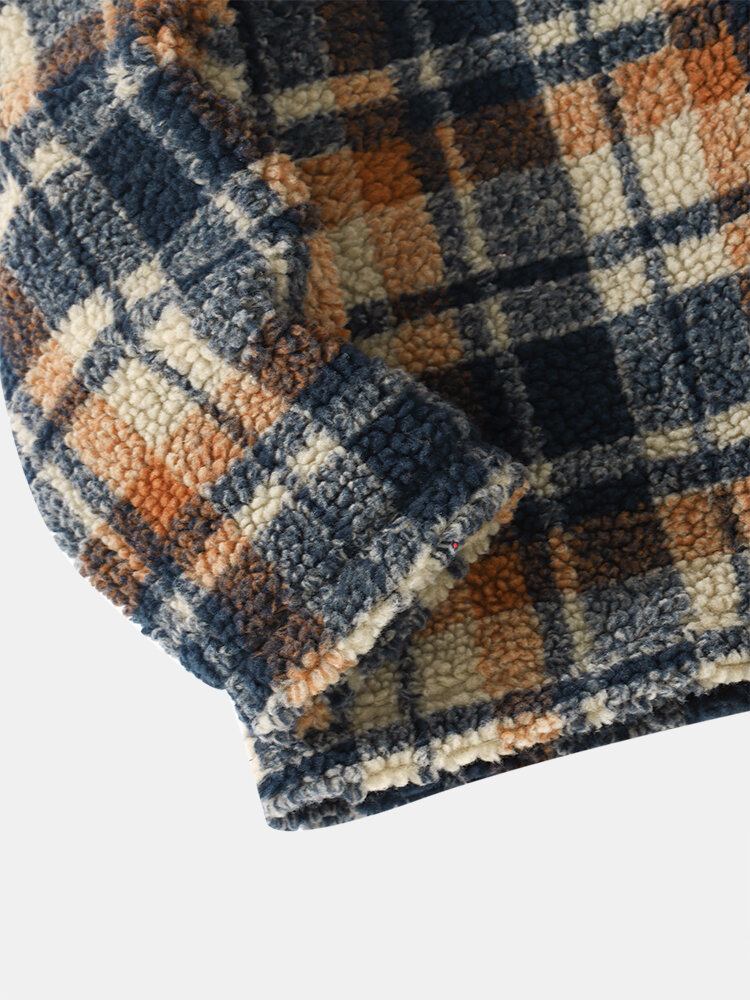 Mænd Vintage Fleece Patch Lomme Kontrast Plaid Snøre Hætte Sweatshirt