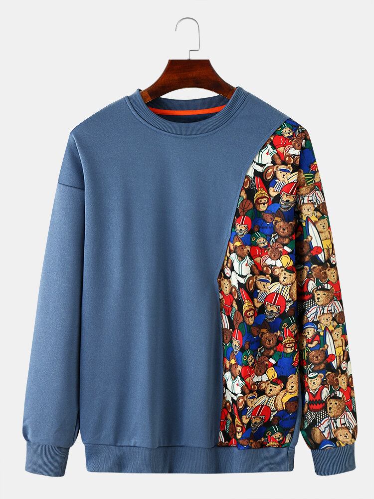 Mænds Afslappede Tegneseriedyr Patchwork Sweatshirts Med Rund Hals