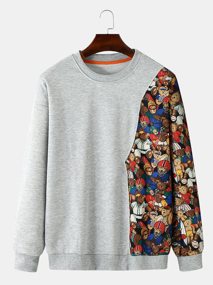 Mænds Afslappede Tegneseriedyr Patchwork Sweatshirts Med Rund Hals