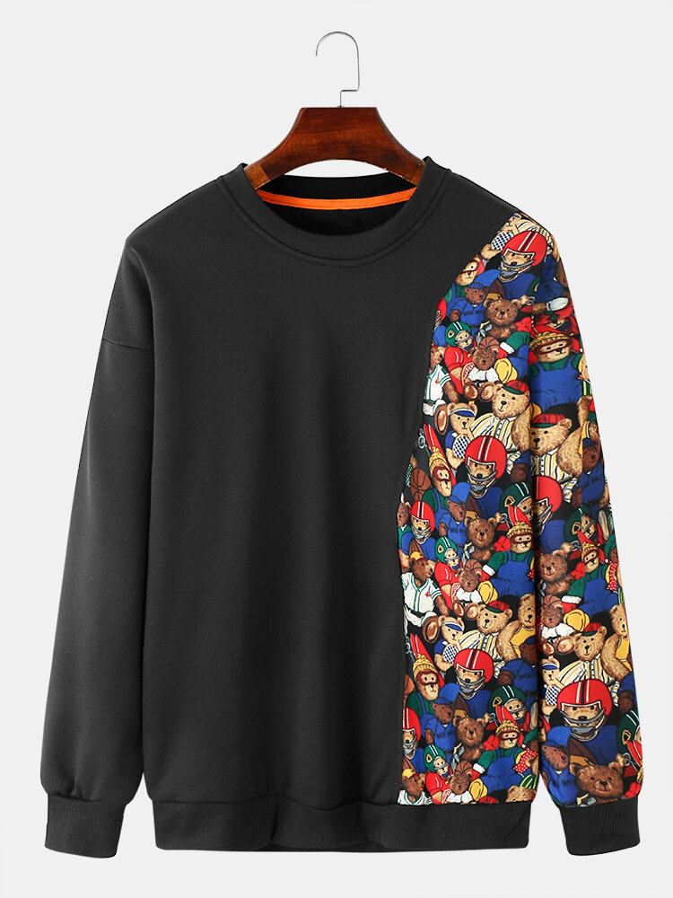 Mænds Afslappede Tegneseriedyr Patchwork Sweatshirts Med Rund Hals