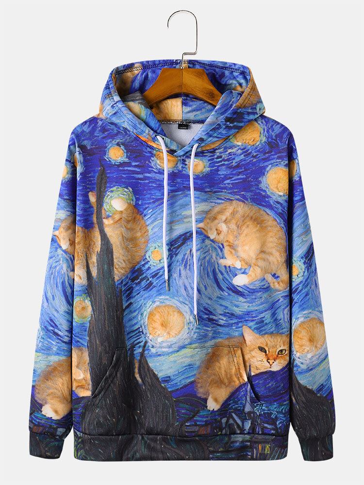 Mænds All Over Cat Maling Print Snøre Pullover Hættetrøjer Med Lommelomme