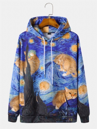 Mænds All Over Cat Maling Print Snøre Pullover Hættetrøjer Med Lommelomme