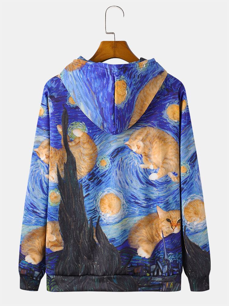 Mænds All Over Cat Maling Print Snøre Pullover Hættetrøjer Med Lommelomme