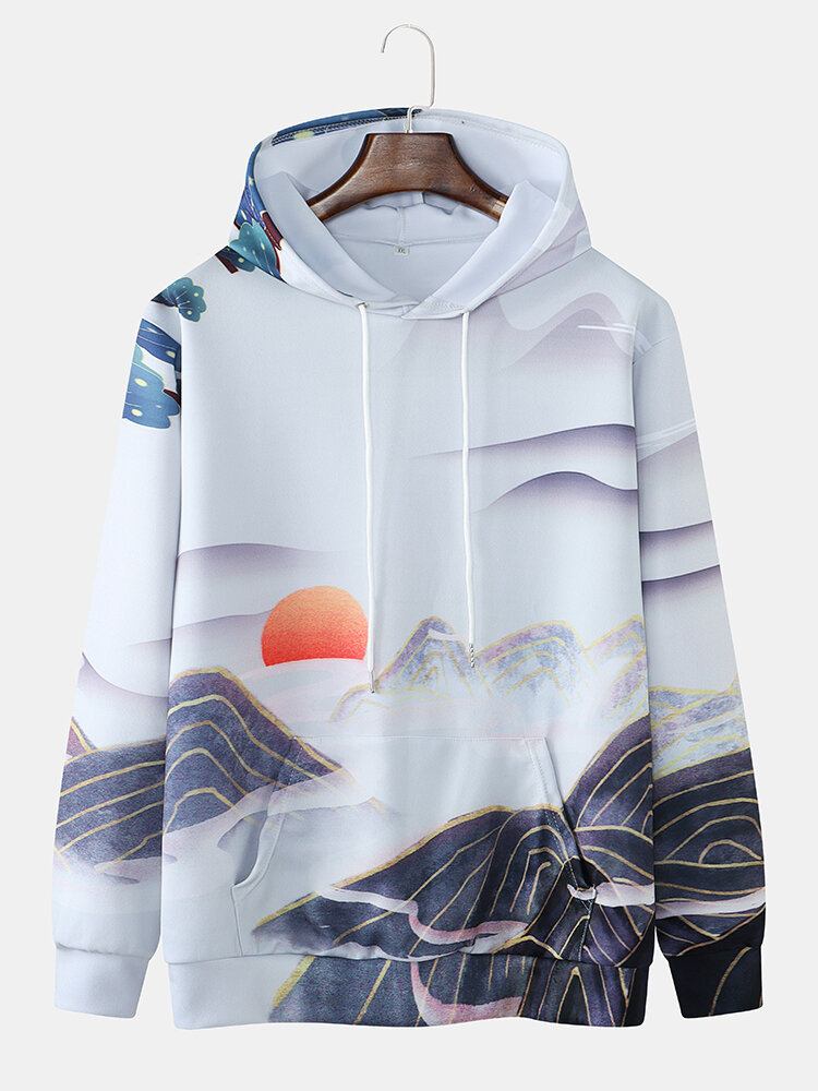 Mænds All Over Landscape Print Casual Pullover Hættetrøjer Med Snøre