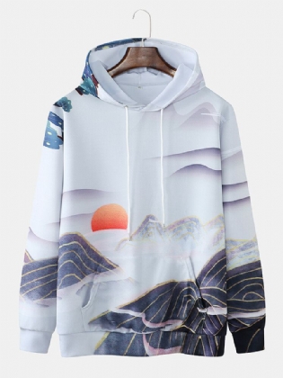 Mænds All Over Landscape Print Casual Pullover Hættetrøjer Med Snøre