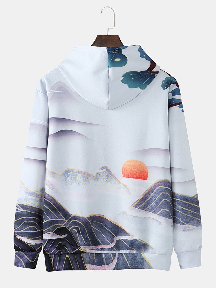 Mænds All Over Landscape Print Casual Pullover Hættetrøjer Med Snøre