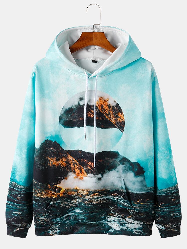 Mænds All Over Mountain Scenery Print Pullover-hættetrøjer Med Snøre