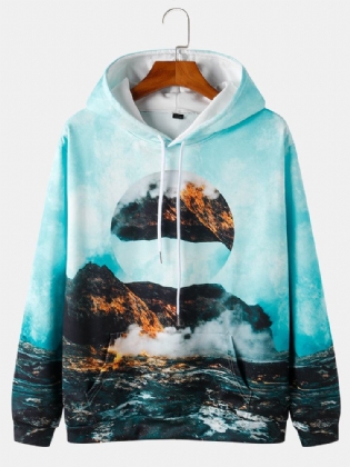 Mænds All Over Mountain Scenery Print Pullover-hættetrøjer Med Snøre