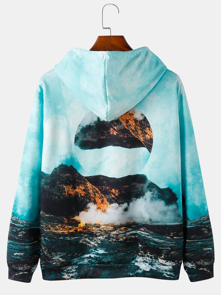 Mænds All Over Mountain Scenery Print Pullover-hættetrøjer Med Snøre