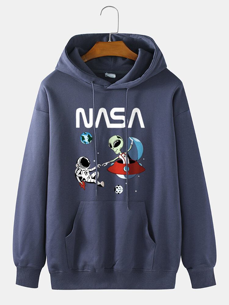 Mænds Astronaut Alien Tegneserietryk 100% Bomuld Casual Løs Pullover Hættetrøje