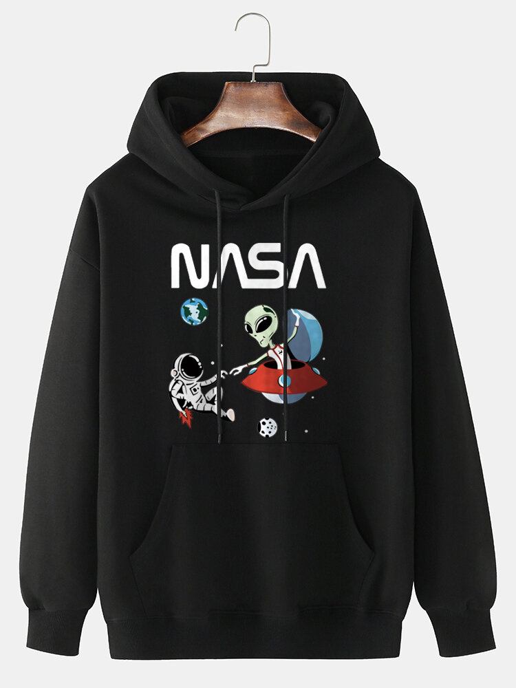 Mænds Astronaut Alien Tegneserietryk 100% Bomuld Casual Løs Pullover Hættetrøje