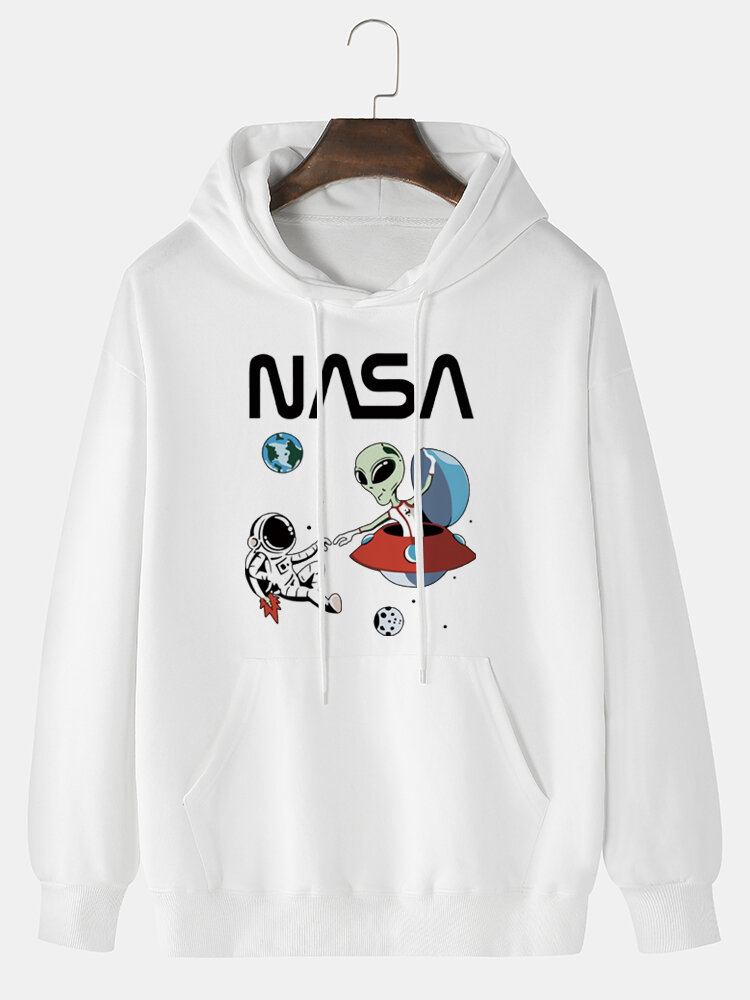 Mænds Astronaut Alien Tegneserietryk 100% Bomuld Casual Løs Pullover Hættetrøje