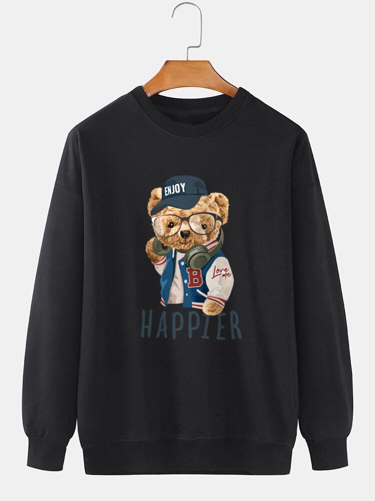 Mænds Bjørn Tegneserietrykt Preppy Sweatshirt Med Rund Hals