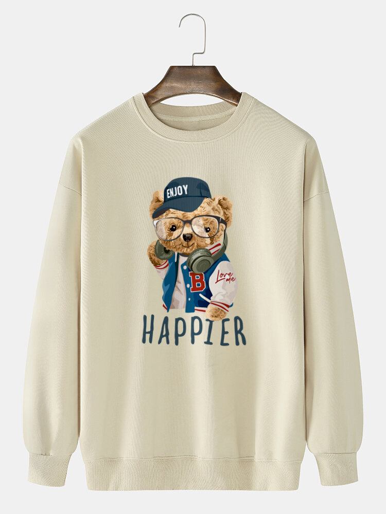 Mænds Bjørn Tegneserietrykt Preppy Sweatshirt Med Rund Hals