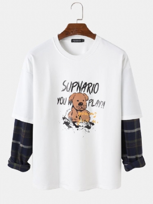 Mænds Bogstav Tegneseriehundetryk Drop Skulder Patchwork Plaid Sweatshirts