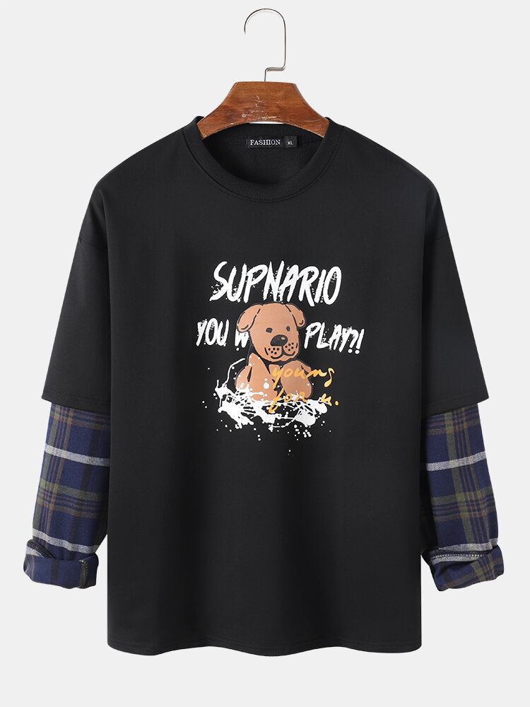 Mænds Bogstav Tegneseriehundetryk Drop Skulder Patchwork Plaid Sweatshirts