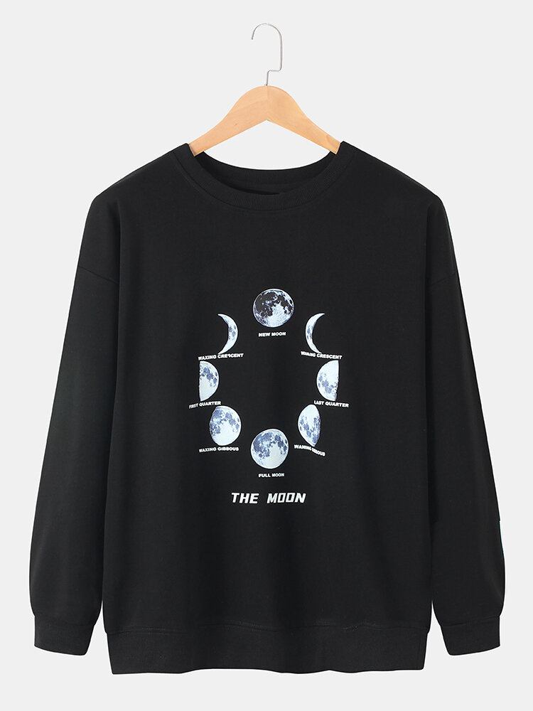 Mænds Bomuld Lunar Eclipse Print Drop Skulder Casual Pullover Sweatshirts