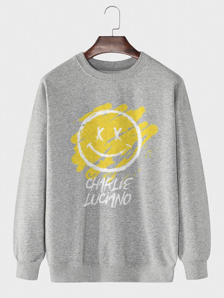 Mænds Brevgraffiti Smileprint Trøje Bomuld Langærmede Sweatshirts