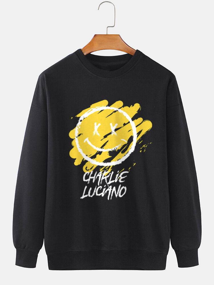 Mænds Brevgraffiti Smileprint Trøje Bomuld Langærmede Sweatshirts