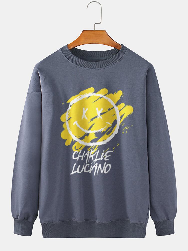 Mænds Brevgraffiti Smileprint Trøje Bomuld Langærmede Sweatshirts