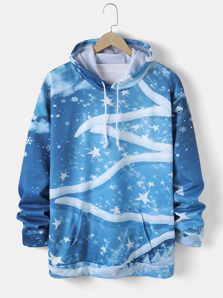 Mænds Christmas All Over Stars Snowflake Print Casual Hættetrøjer Med Snøre